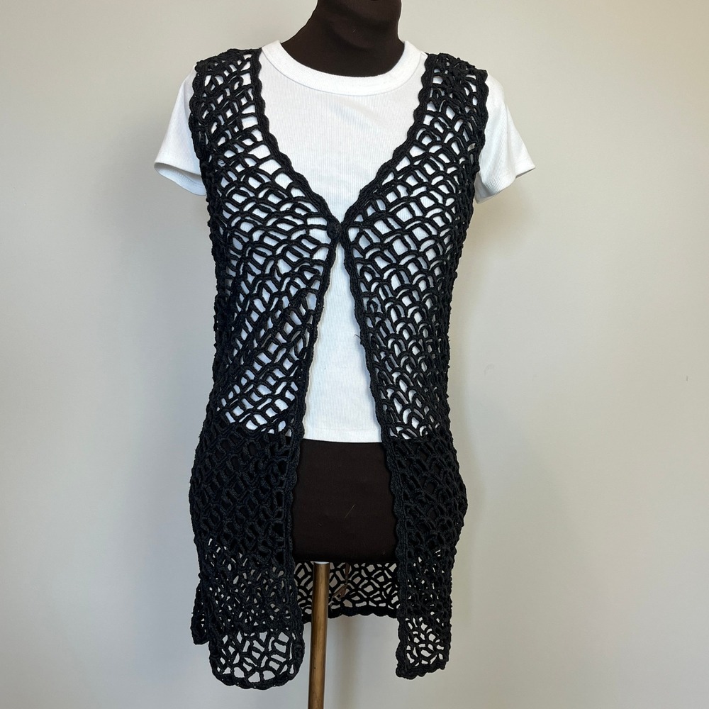 Vintage Ice Fire Black Crochet Longline Vest Ramie Cotton Open Knit Large